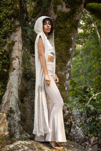 LALIKA Womens Beige Long Hooded Vest Large Hood Natural Netted Cotton Festival Ceremony Tribal Dystopian Cyberpunk Steampunk Gypsy AJJAYA