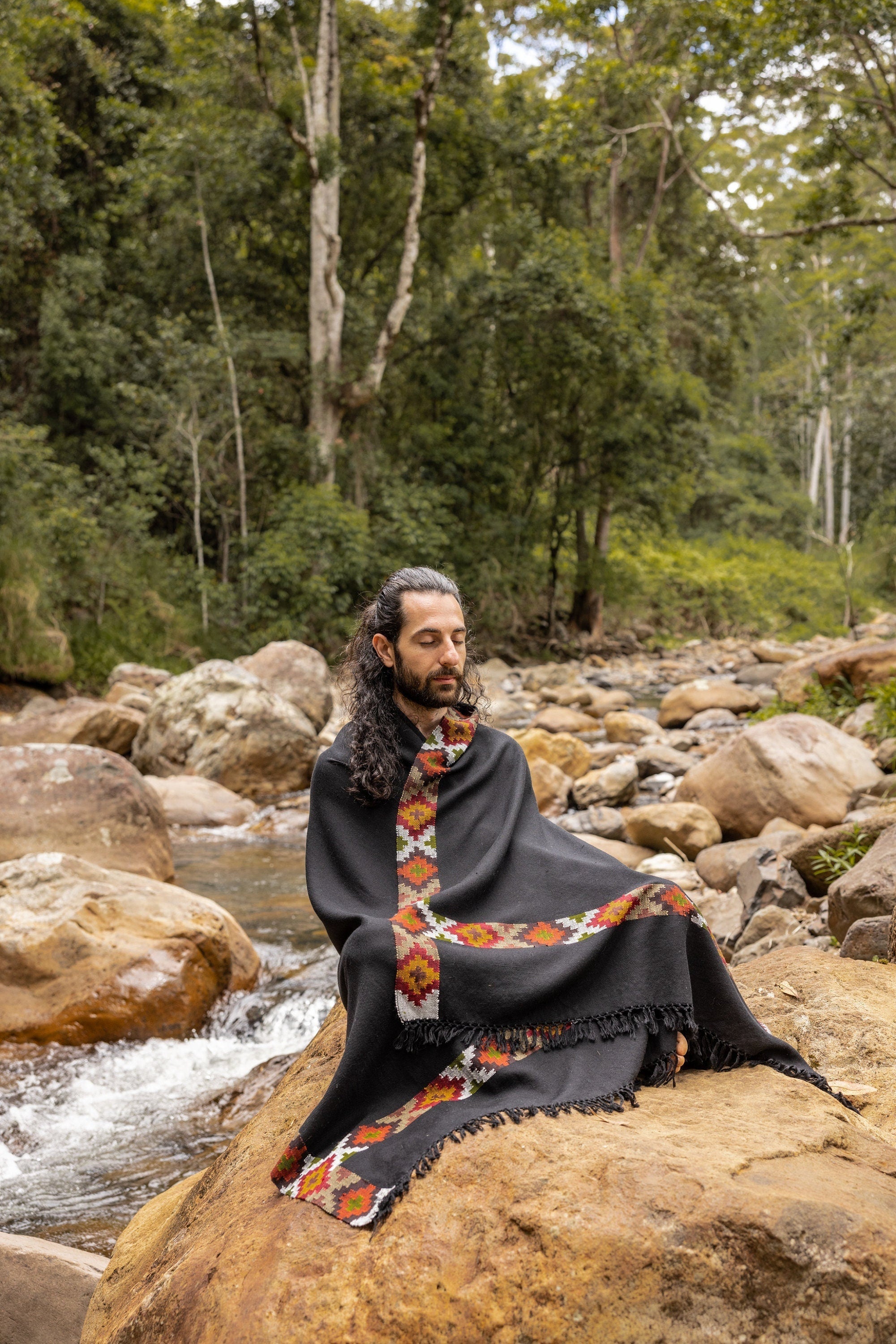 SADHU Black Handwoven Shawl Wool Meditation Prayer Scarf Blanket Premium Pure Cashmere Winter Tribal Zen Embroidery Boho Wrap AJJAYA