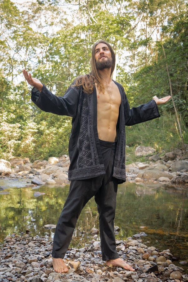 KHAL Black Open Cotton Shirt Mens Top Handwoven Natural Eco Dyed Block Printed Buttonless Gypsy Tribal Primitive Festival Muscle Vest AJJAYA