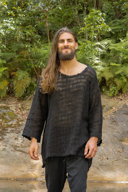 KUNTU Shirt Black Netted Top Cotton Semi See-through Asymmetric Rugged Dystopian Apocalyptic Festival Tribal Cyberpunk Steampunk AJJAYA