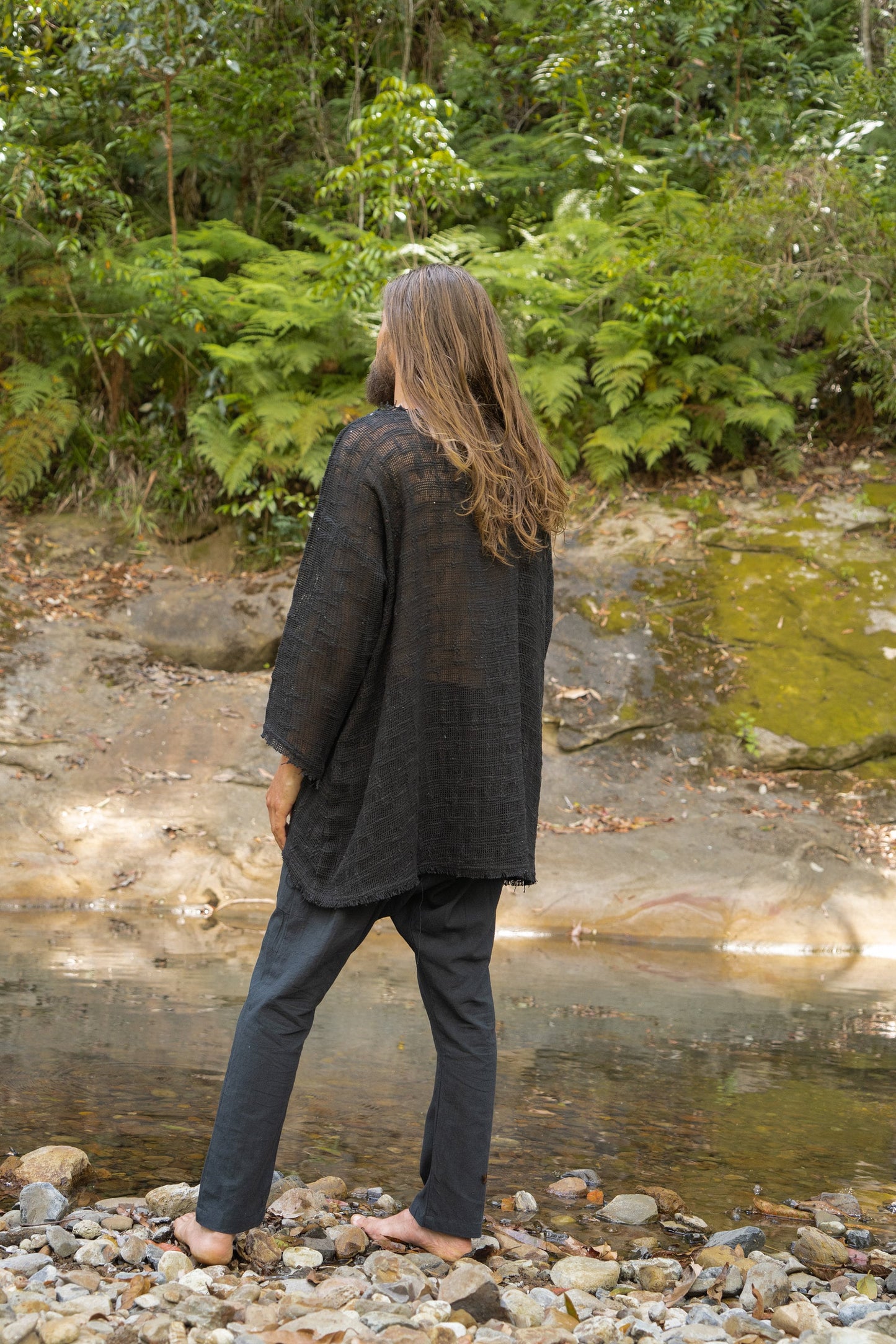 KUNTU Shirt Black Netted Top Cotton Semi See-through Asymmetric Rugged Dystopian Apocalyptic Festival Tribal Cyberpunk Steampunk AJJAYA