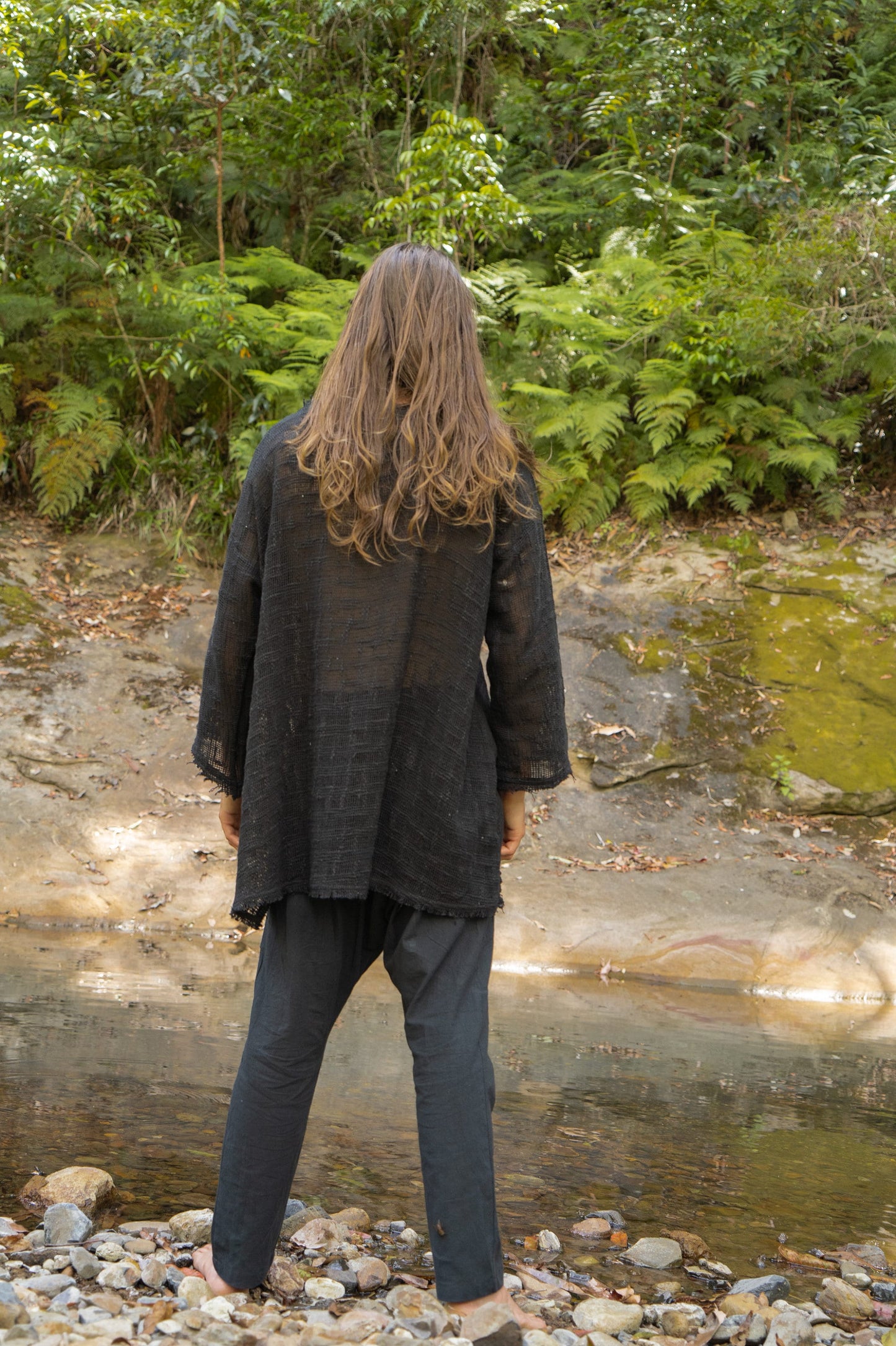 KUNTU Shirt Black Netted Top Cotton Semi See-through Asymmetric Rugged Dystopian Apocalyptic Festival Tribal Cyberpunk Steampunk AJJAYA