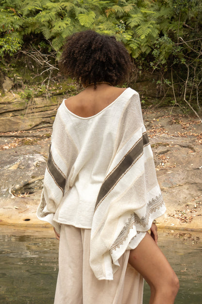 TAIKI Womens Light Beige Cream Poncho Cotton Top Kaftan Boho Block Printed Natural Dye Pattern Festival Bohemian Hippie Collarbone AJJAYA