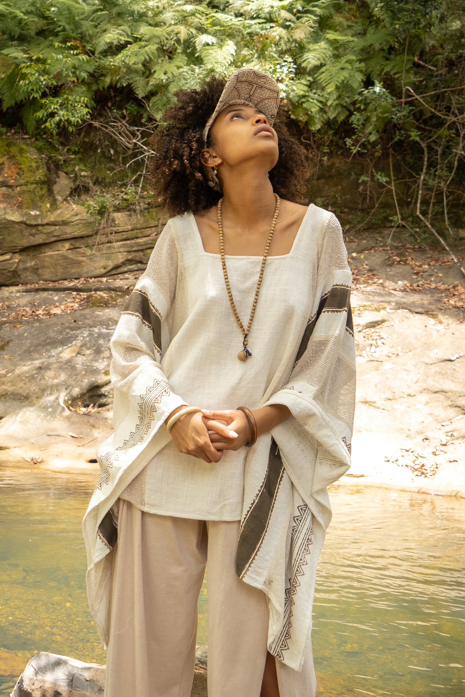 TAIKI Womens Light Beige Cream Poncho Cotton Top Kaftan Boho Block Printed Natural Dye Pattern Festival Bohemian Hippie Collarbone AJJAYA