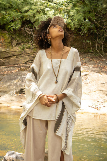 TAIKI Womens Light Beige Cream Poncho Cotton Top Kaftan Boho Block Printed Natural Dye Pattern Festival Bohemian Hippie Collarbone AJJAYA