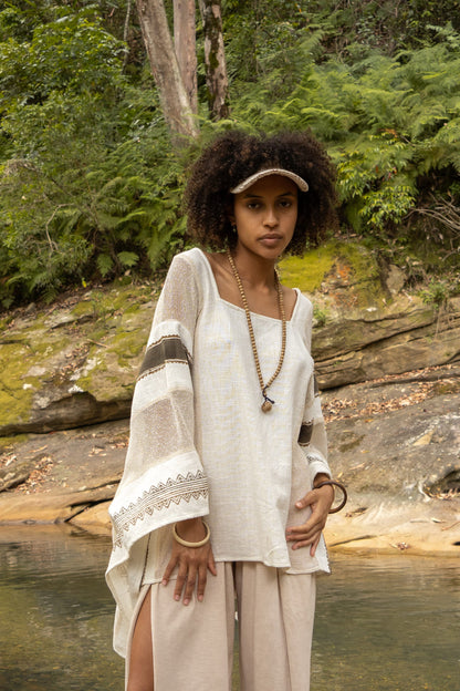 TAIKI Womens Light Beige Cream Poncho Cotton Top Kaftan Boho Block Printed Natural Dye Pattern Festival Bohemian Hippie Collarbone AJJAYA