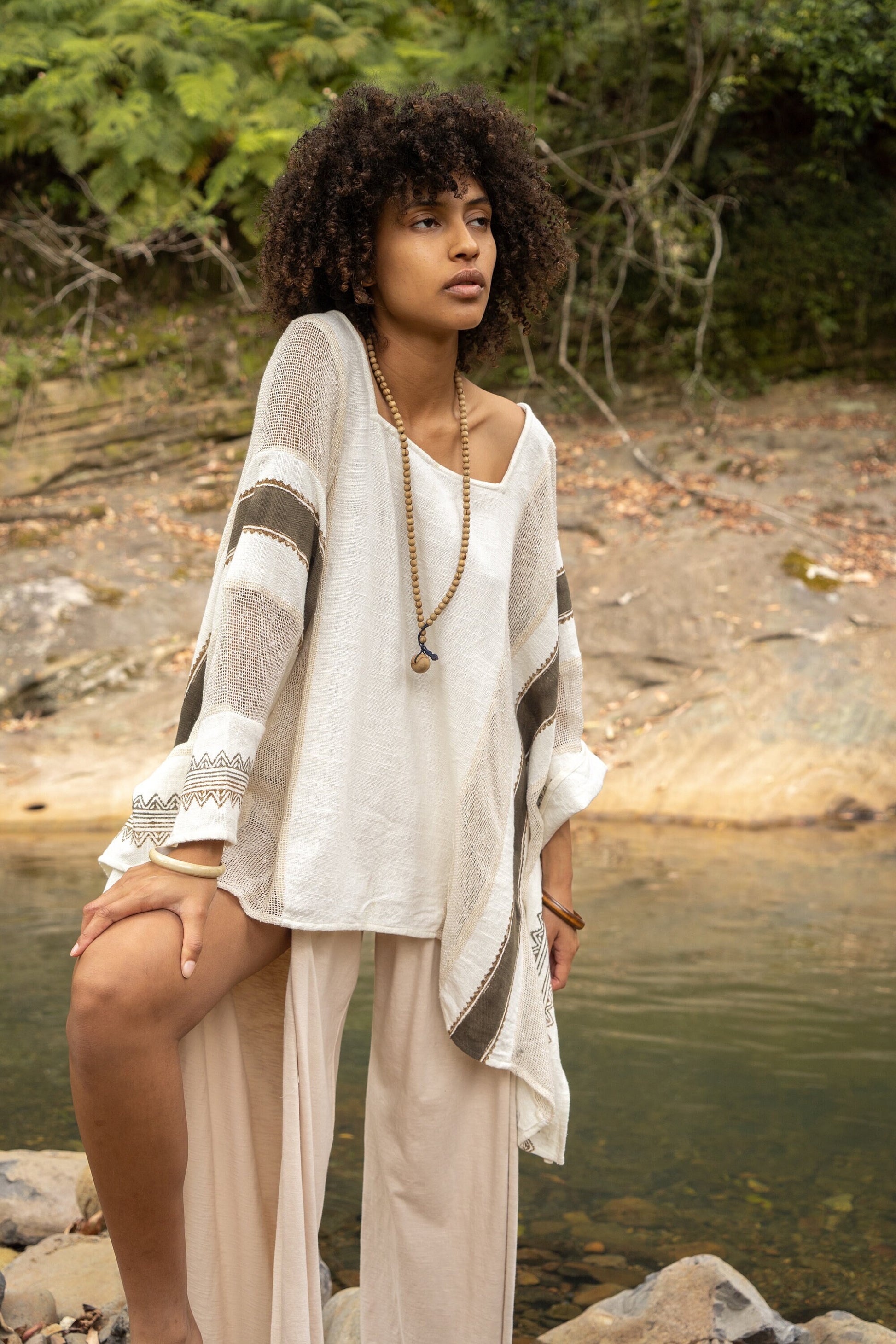 TAIKI Womens Light Beige Cream Poncho Cotton Top Kaftan Boho Block Printed Natural Dye Pattern Festival Bohemian Hippie Collarbone AJJAYA