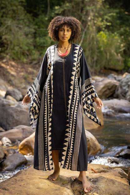 ELGA Womens Kimono Robe Arm Flairs Soft Breathable Rayon Cotton Festival Black and White Tribal African Patterns Elegant Boho Pyjama AJJAYA