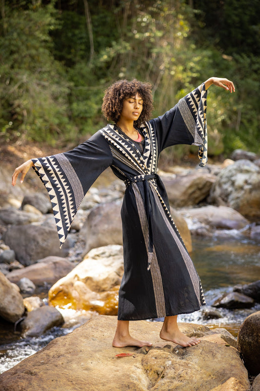 ELGA Womens Kimono Robe Arm Flairs Soft Breathable Rayon Cotton Festival Black and White Tribal African Patterns Elegant Boho Pyjama AJJAYA