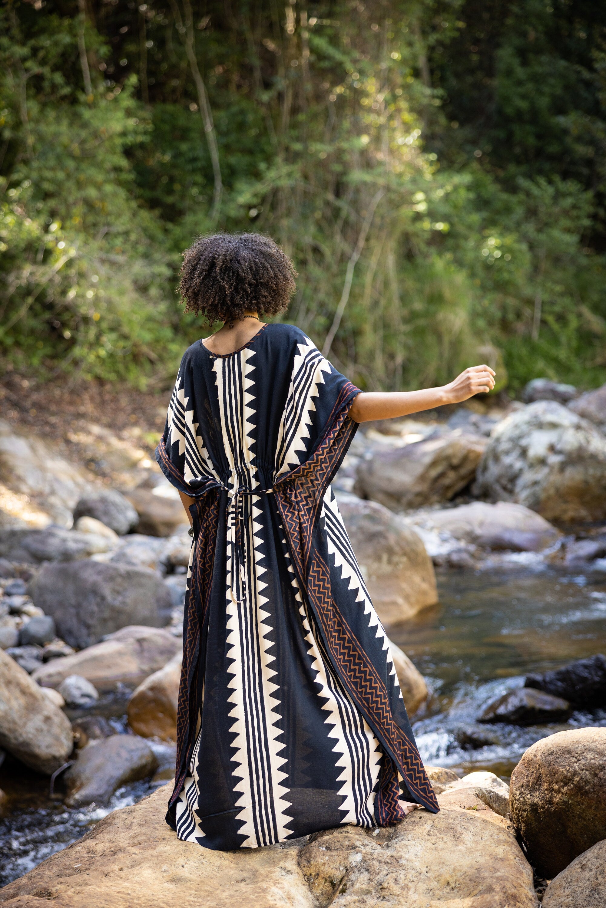 ELGA Kaftan Maxi Long Dress Soft Breathable Cotton-Rayon Fabric Tribal Black White African Patterns Boho Festival Elegant Shamanic AJJAYA