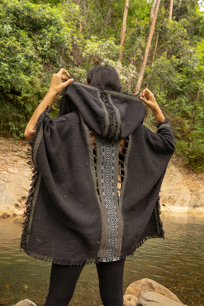 WIZARD Womens Black Hooded Kimono Vest Tribal Ritual Ceremony Shamanic Gypsy Festival Magic Ritual Alchemy Primitive Rave Boho Earthy AJJAYA