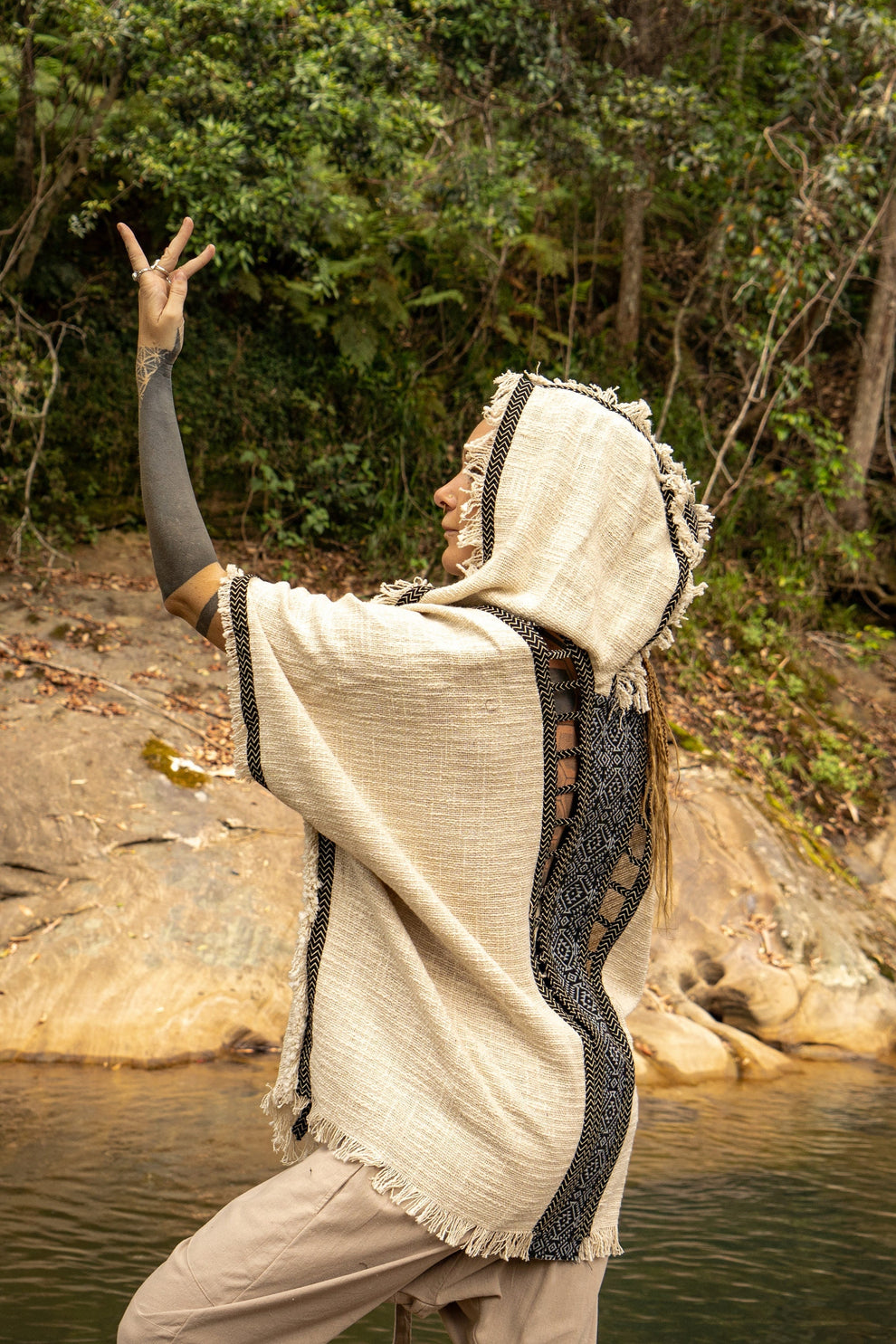 WIZARD Women's Beige Hooded Kimono Vest Rave Boho | AJJAYA