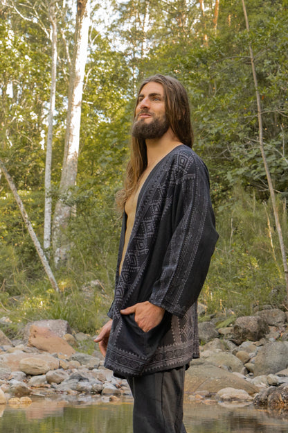 KHAL Mens Black Open Cotton Shirt Top Handwoven Natural Eco Dyed Block Printed Buttonless Gypsy Tribal Primitive Festival Muscle Vest AJJAYA