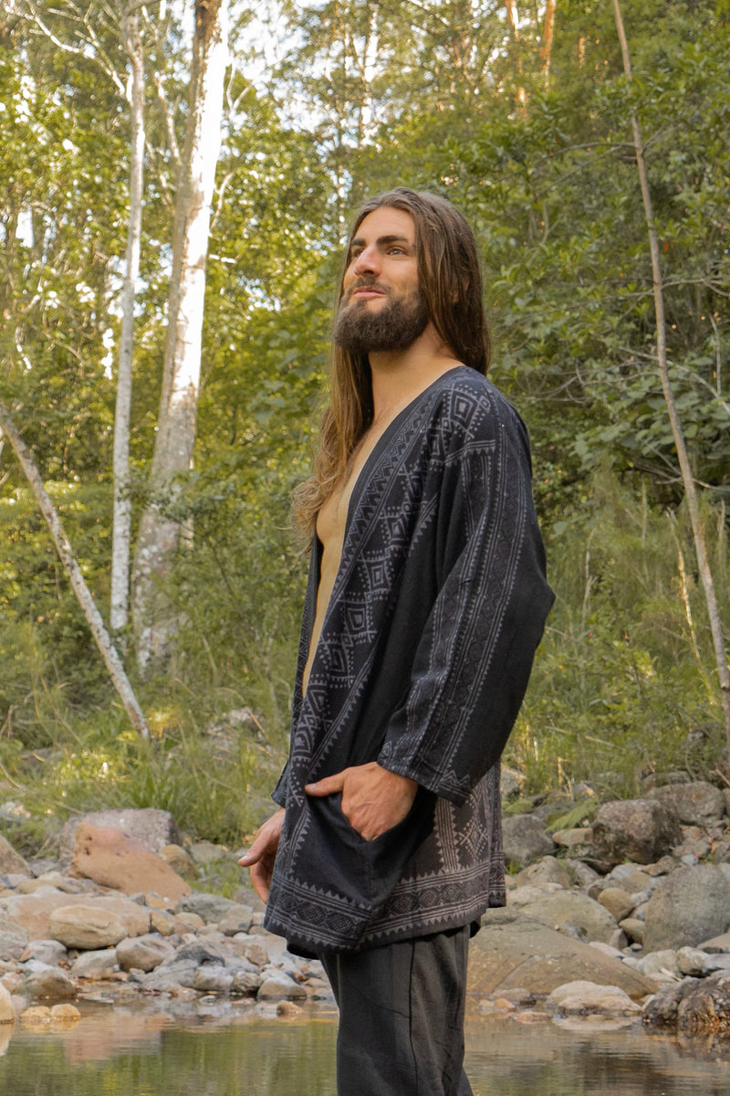 KHAL Mens Black Open Cotton Shirt Top Handwoven Natural Eco Dyed Block Printed Buttonless Gypsy Tribal Primitive Festival Muscle Vest AJJAYA