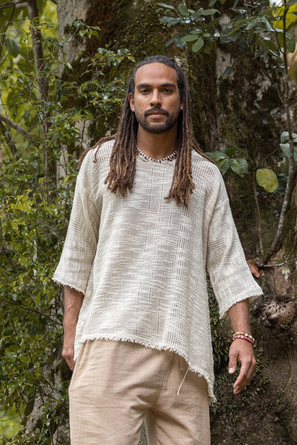 KUNTU Black Netted Top Cotton Semi See-through Shirt Asymmetric Rugged Dystopian Apocalyptic Festival Tribal Cyberpunk Steampunk AJJAYA