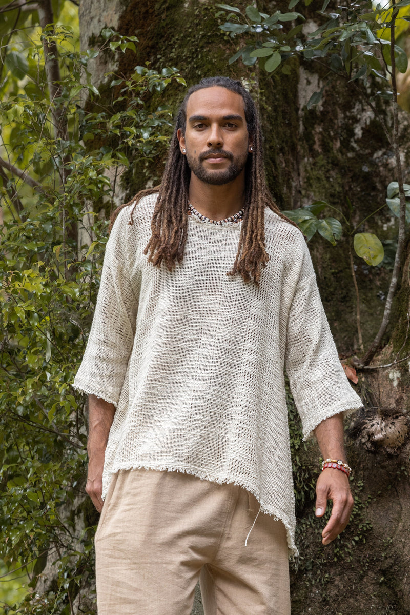 KUNTU Beige Netted Top Cotton Semi See-through Shirt Asymmetric Rugged Dystopian Apocalyptic Festival Tribal Cyberpunk Steampunk AJJAYA