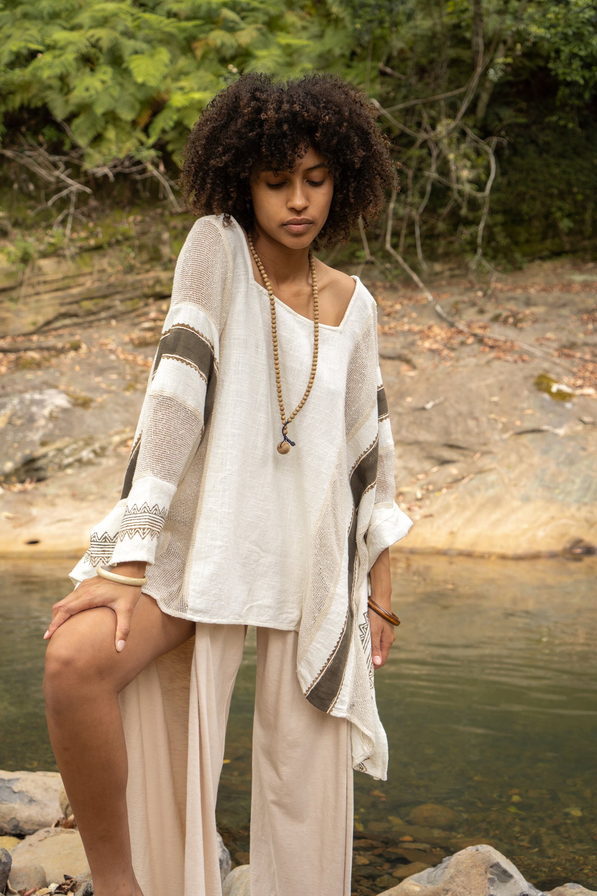 TAIKI Womens Light Beige Cream Poncho Cotton Top Kaftan Boho Block Printed Natural Dye Pattern Festival Bohemian Hippie Collarbone AJJAYA