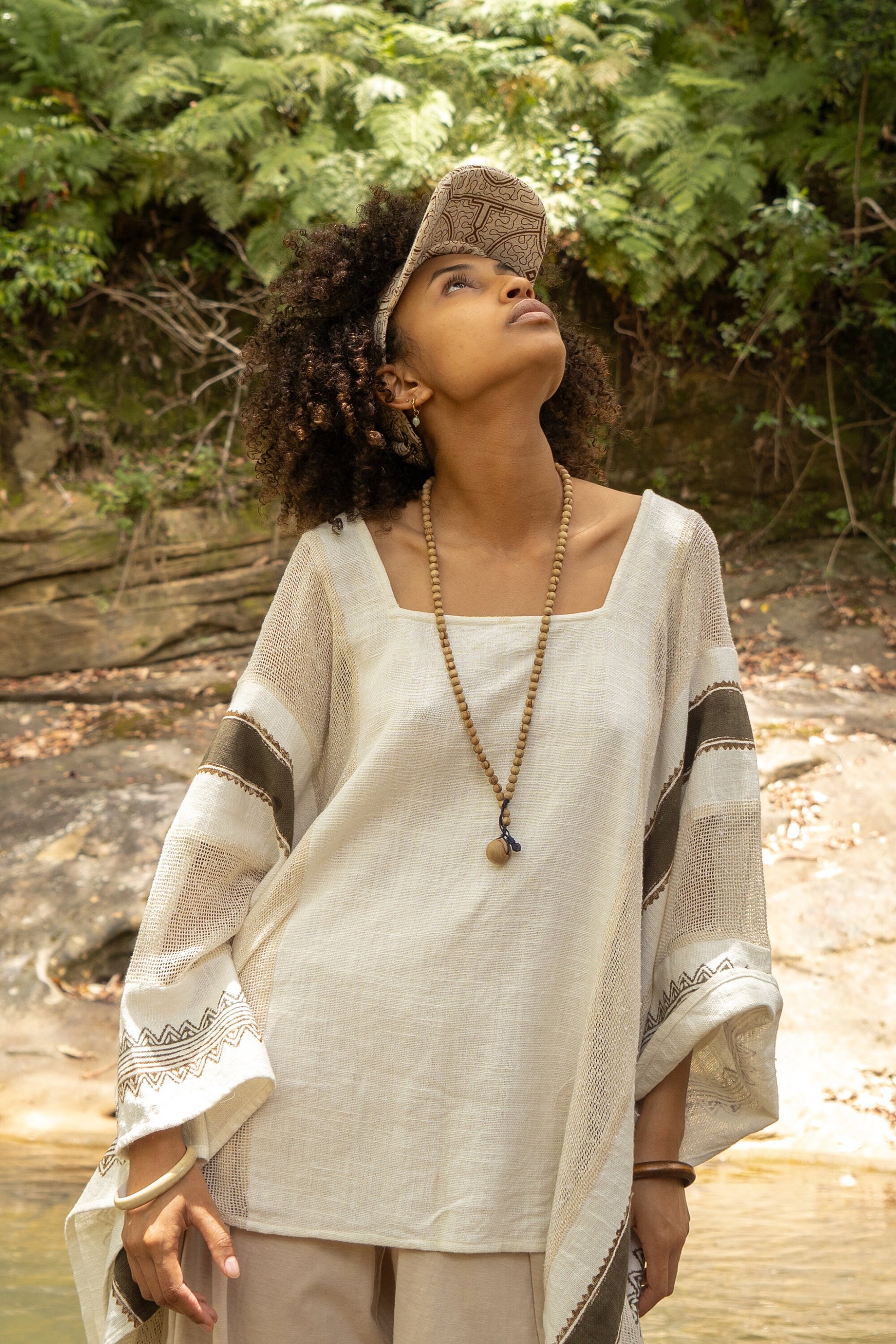 TAIKI Womens Light Beige Cream Poncho Cotton Top Kaftan Boho Block Printed Natural Dye Pattern Festival Bohemian Hippie Collarbone AJJAYA