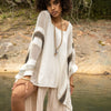 TAIKI Womens Light Beige Cream Poncho Cotton Top Kaftan Boho Block Printed Natural Dye Pattern Festival Bohemian Hippie Collarbone AJJAYA
