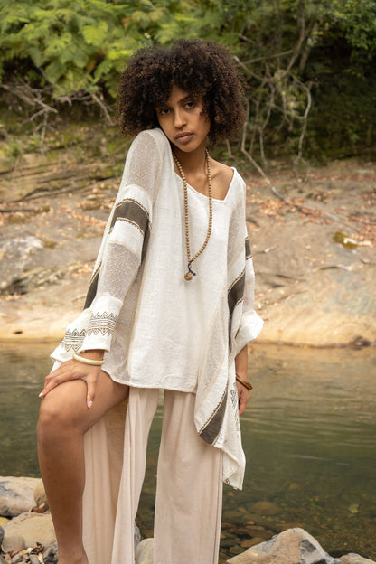 TAIKI Womens Light Beige Cream Poncho Cotton Top Kaftan Boho Block Printed Natural Dye Pattern Festival Bohemian Hippie Collarbone AJJAYA