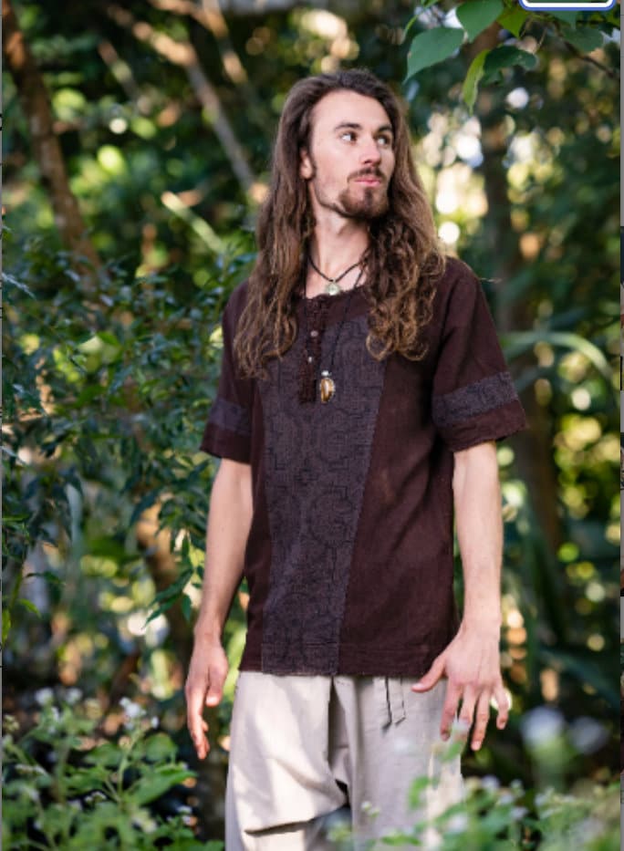 Mens WASKA Top Black Sacred Plant Shipibo Shaman Pattern T Shirt Shamanic Neo Tribal Gypsy Ritual Festival Ceremony Ethnic Handmade AJJAYA