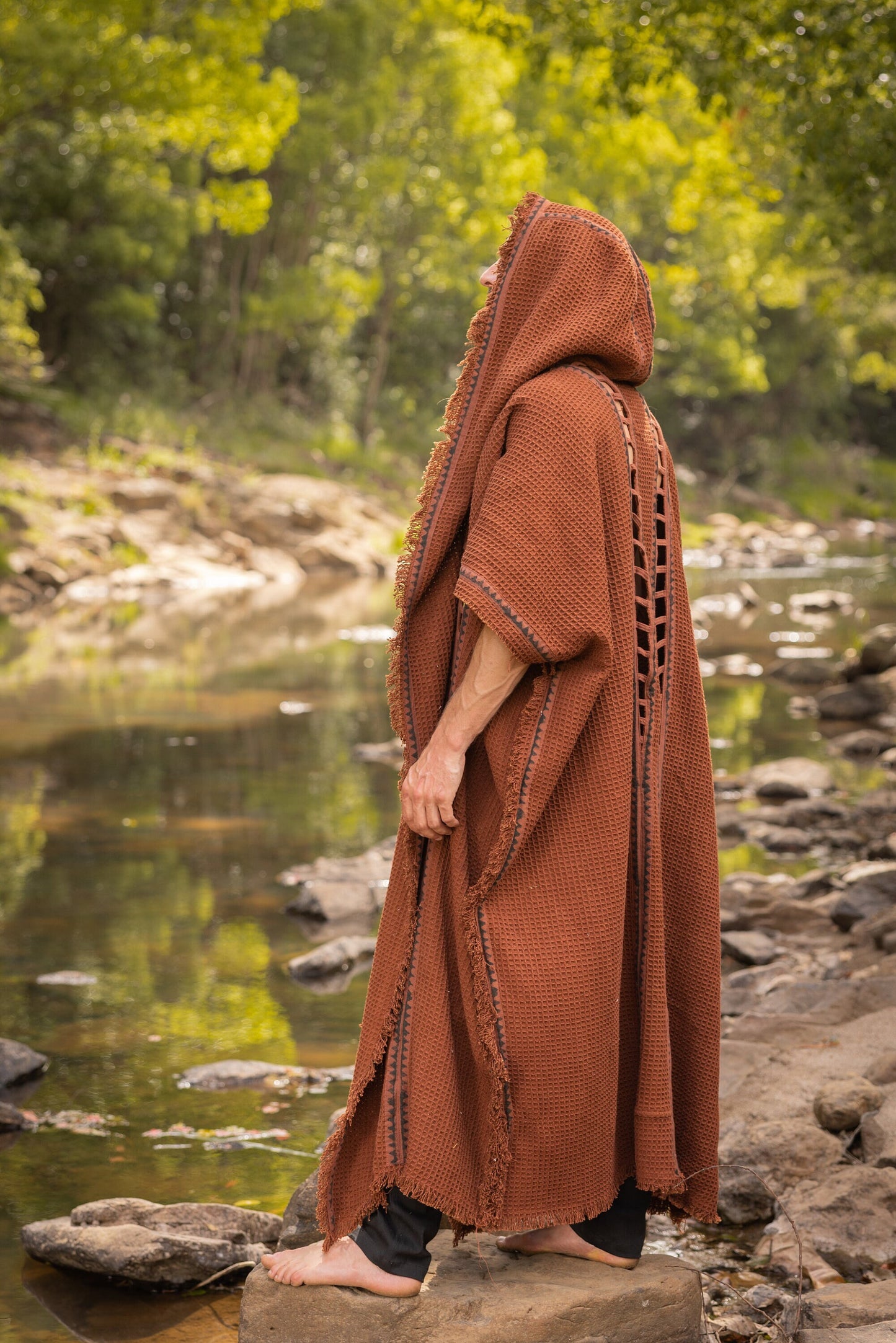 MAGOS WIZARD Long Mens Hooded Kimono Ivory Beige Tribal Ritual Ceremony Gypsy Magic Ritual Primitive Rave Boho AJJAYA
