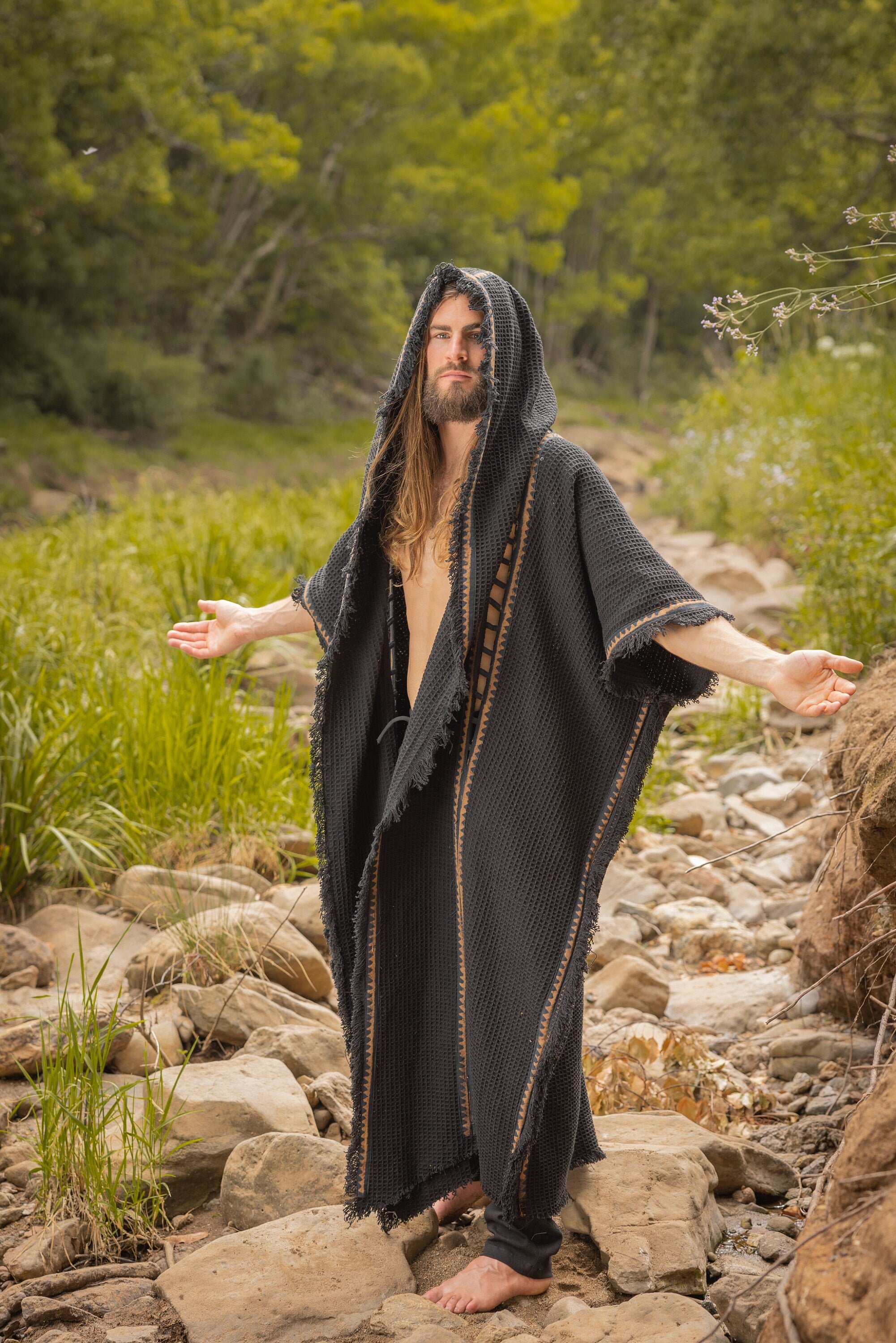 MAGOS WIZARD Long Black Raven Mens Hooded Kimono Vest β AJJAYA