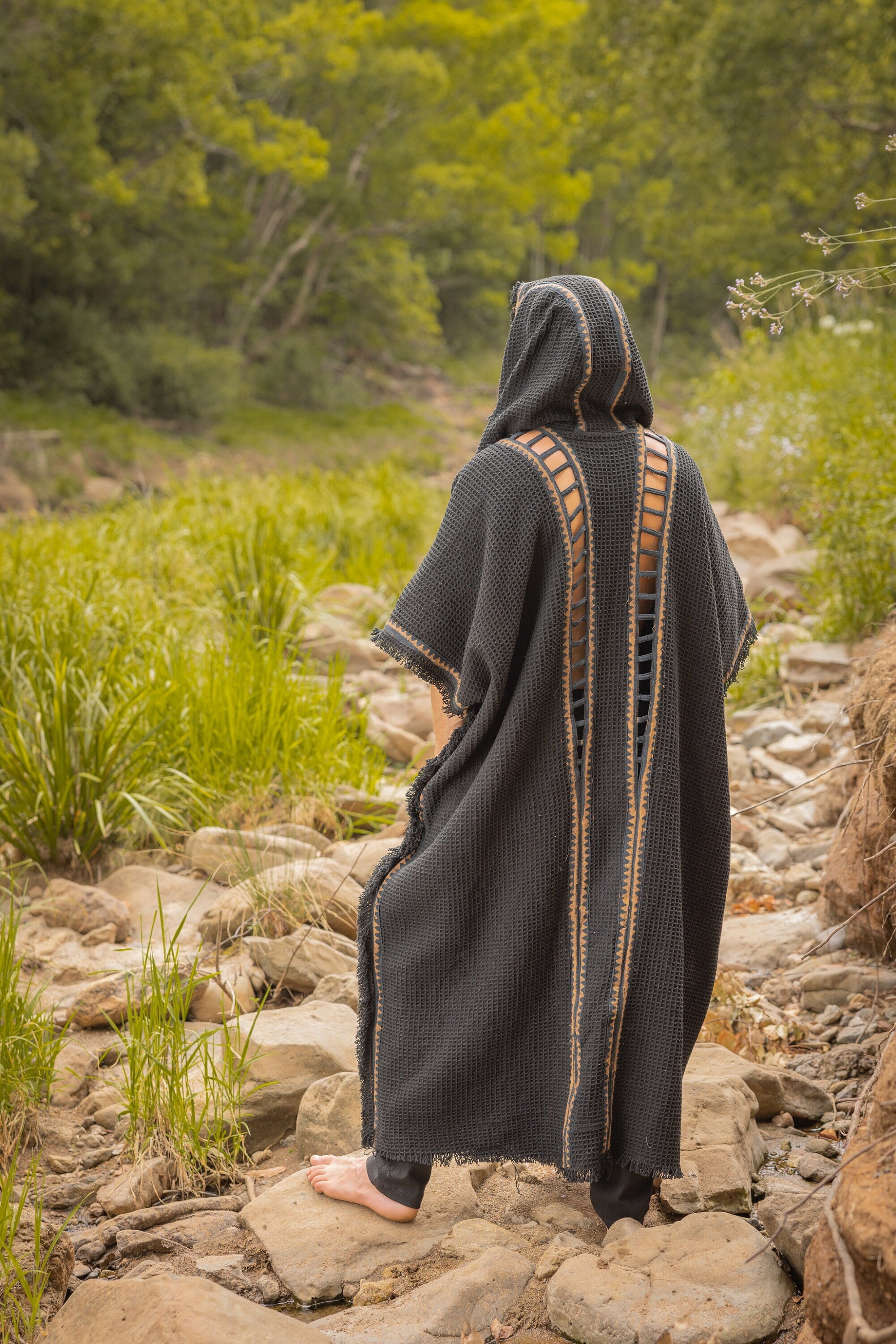 MAGOS WIZARD Long Black Raven Mens Hooded Kimono Vest Tribal Ritual Ceremony Gypsy Festival Magic Ritual Primitive Rave Boho Earthy AJJAYA