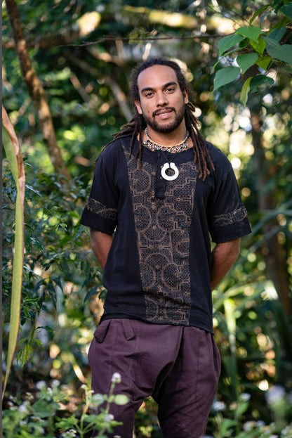Mens WASKA Top Brown Sacred Plant Shipibo Shaman Pattern T Shirt Shamanic Neo Tribal Gypsy Ritual Festival Ceremony Ethnic Handmade AJJAYA