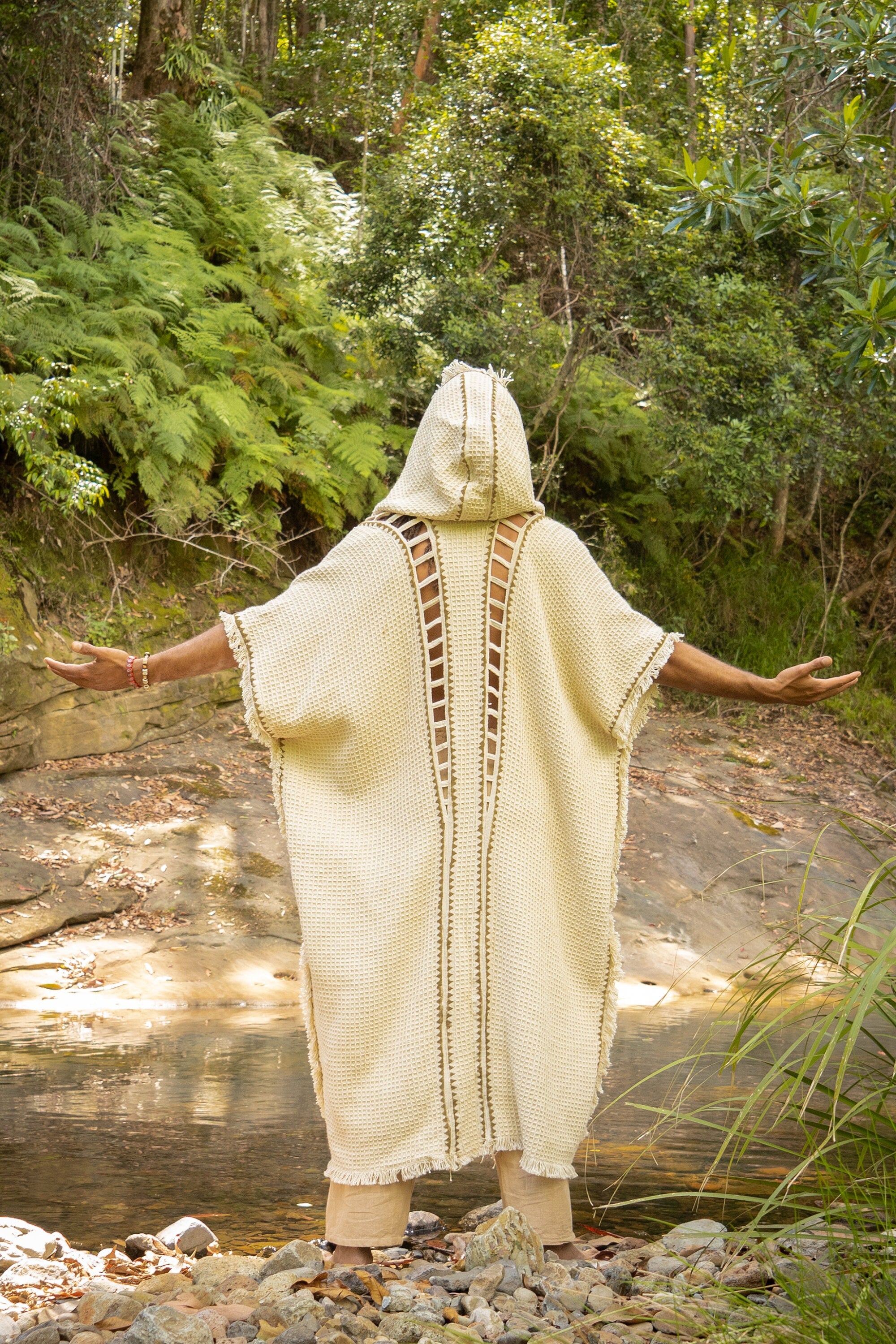 MAGOS WIZARD Long Mens Hooded Kimono Vest Ivory Beige Tribal Ritual Ceremony Gypsy Festival Magic Ritual Primitive Rave Boho Earthy AJJAYA