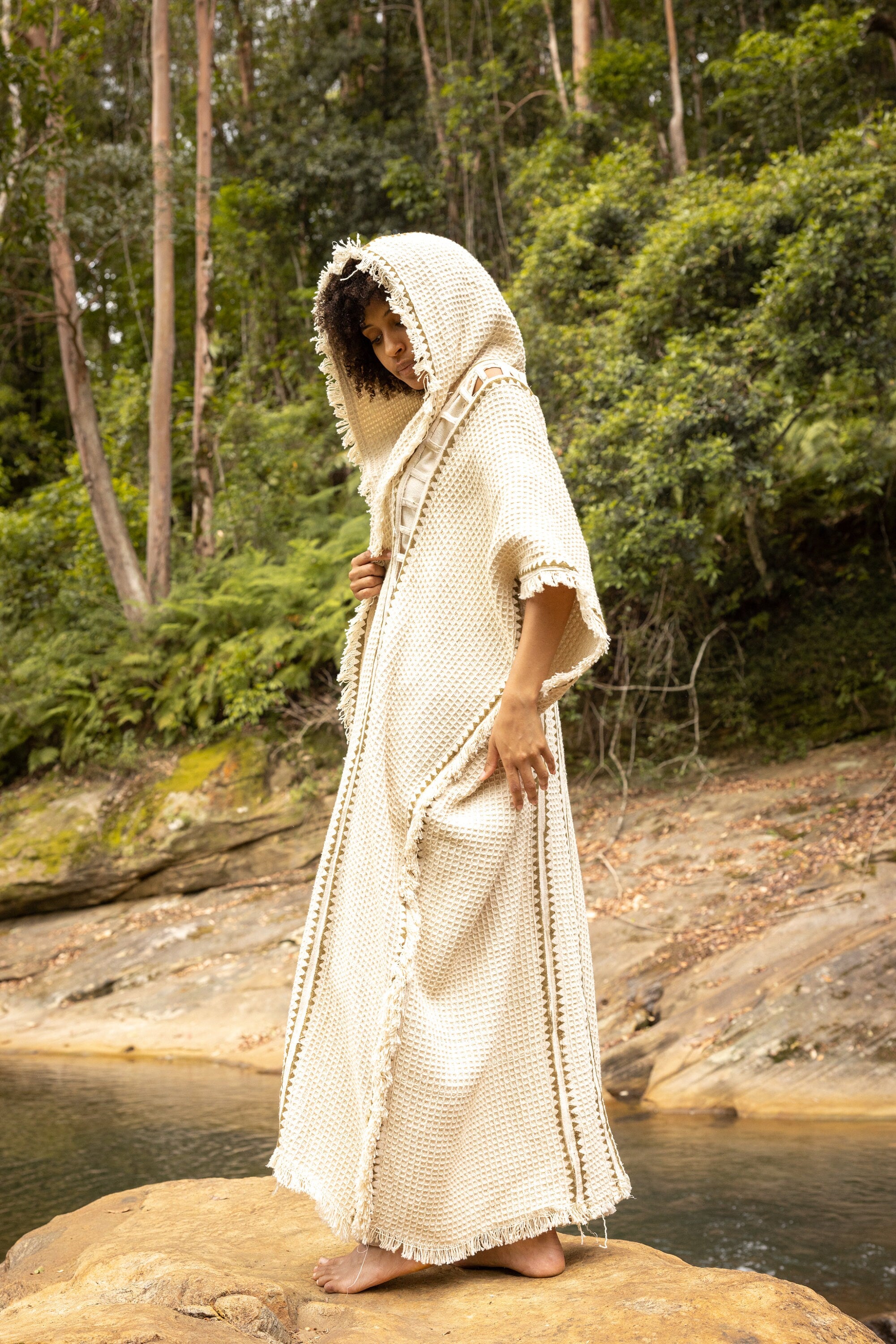 MAGOS WIZARD Ivory Beige Long Hooded Kimono Vest Robe Tribal Ritual Ceremony Gypsy Festival Magic Ritual Primitive Rave Boho Earthy AJJAYA