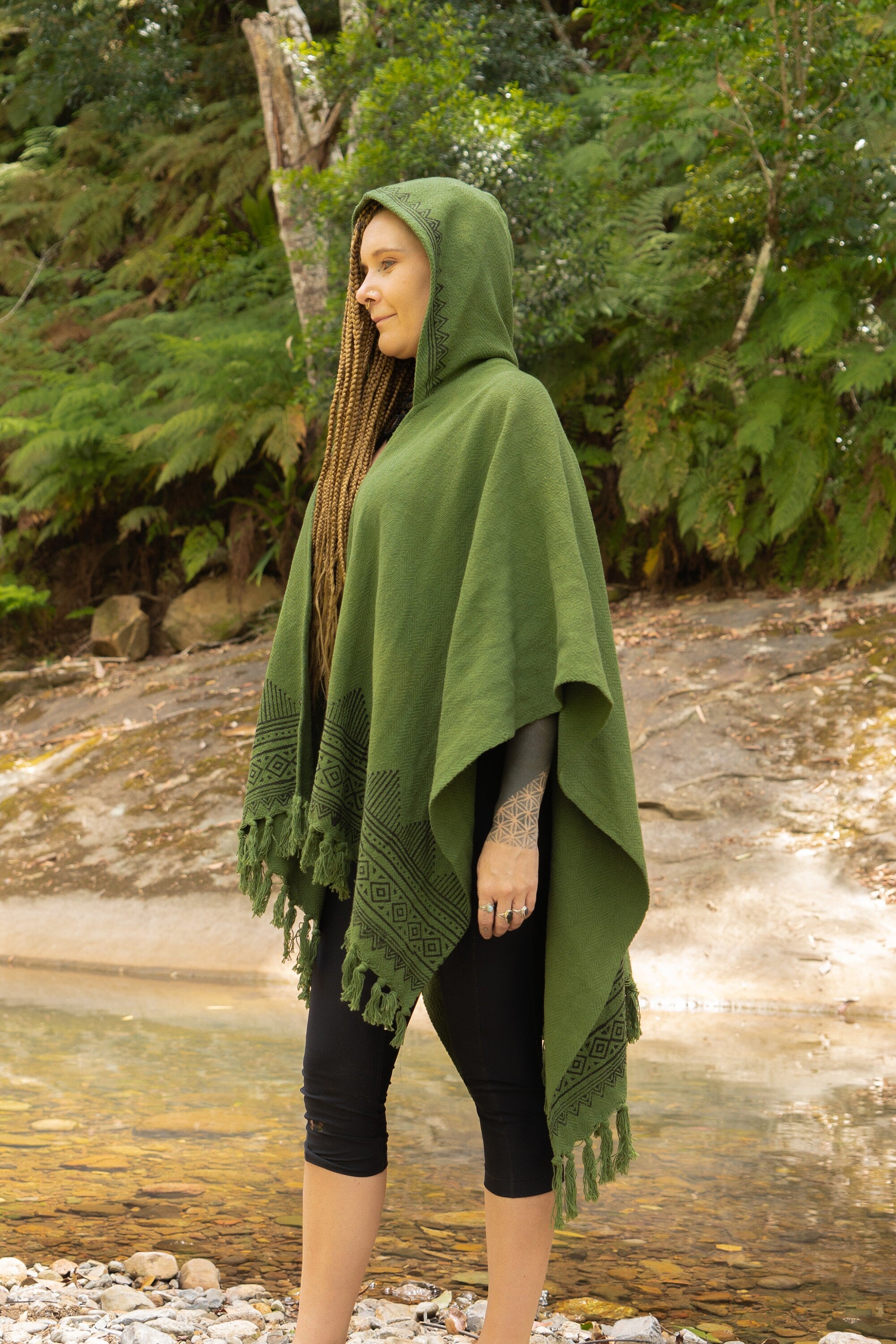 ANAGAMI Hooded Kimono Sage Green Cape Poncho Robe Block Printed Natural Dyed Ceremony Ritual Shaman Tribal Alchemy Sacred Shawl AJJAYA