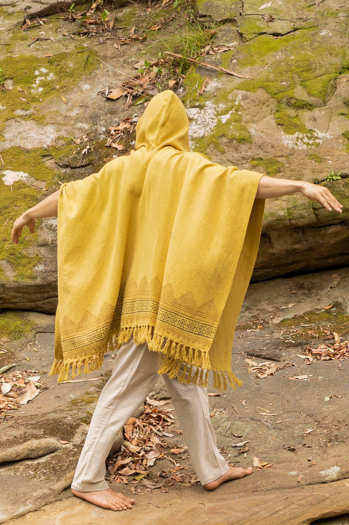 ANAGAMI Kimono Mustard Yellow Hooded Cape Poncho Robe Block Printed Natural Dyed Ceremony Ritual Shaman Tribal Alchemy Sacred Shawl AJJAYA