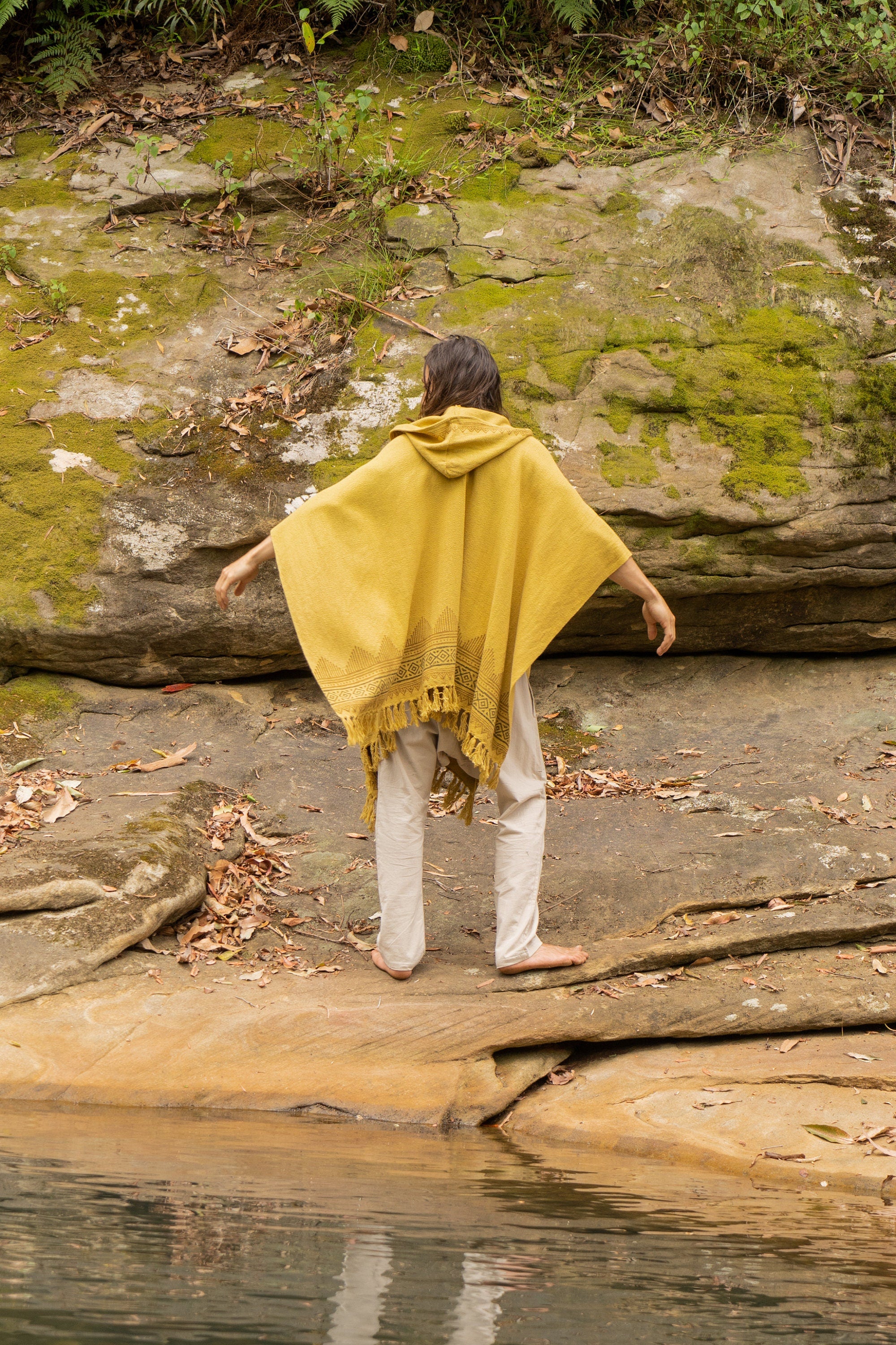 ANAGAMI Kimono Mustard Yellow Hooded Cape Poncho Robe Block Printed Natural Dyed Ceremony Ritual Shaman Tribal Alchemy Sacred Shawl AJJAYA