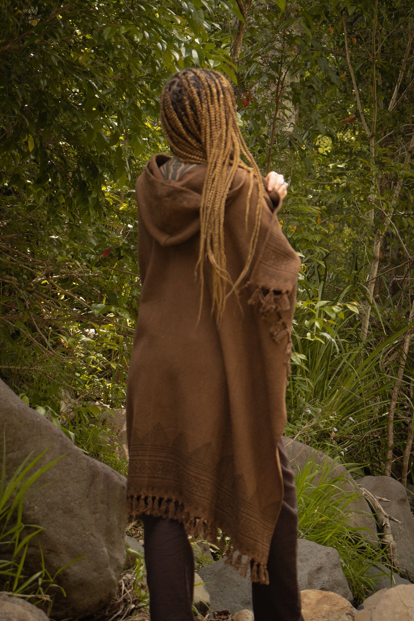ANAGAMI Womens Brown Hooded Kimono Cape Poncho Robe Block Printed Natural Dyed Ceremony Ritual Shaman Tribal Alchemy Shawl Wrap Rave AJJAYA