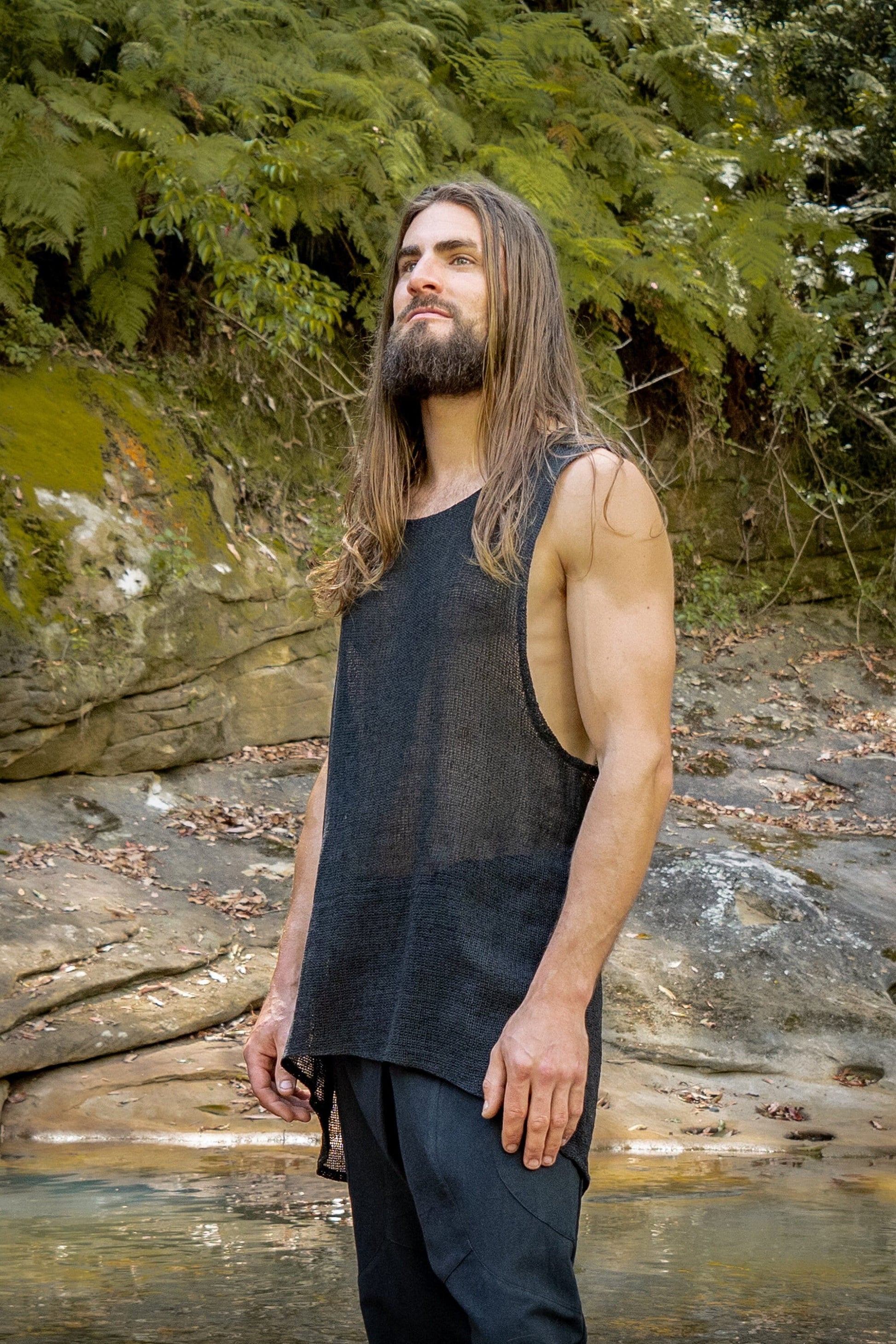 TAKU Mens Tank Top Beige Tribal Asymmetric Natural Netted Cotton Breathable Loose Free Flow Festival Plant Based Dyed Muscle Shirt AJJAYA