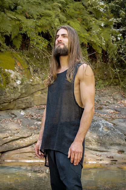TAKU Mens Tank Top Beige Tribal Asymmetric Natural Netted Cotton Breathable Loose Free Flow Festival Plant Based Dyed Muscle Shirt AJJAYA