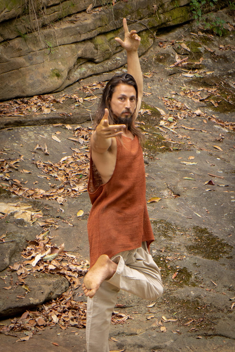 TAKU Rustic Orange Tank Top Tribal Asymmetric Natural Netted Cotton Breathable Loose Free Flow Festival Plant Based Dyed Muscle Shirt AJJAYA