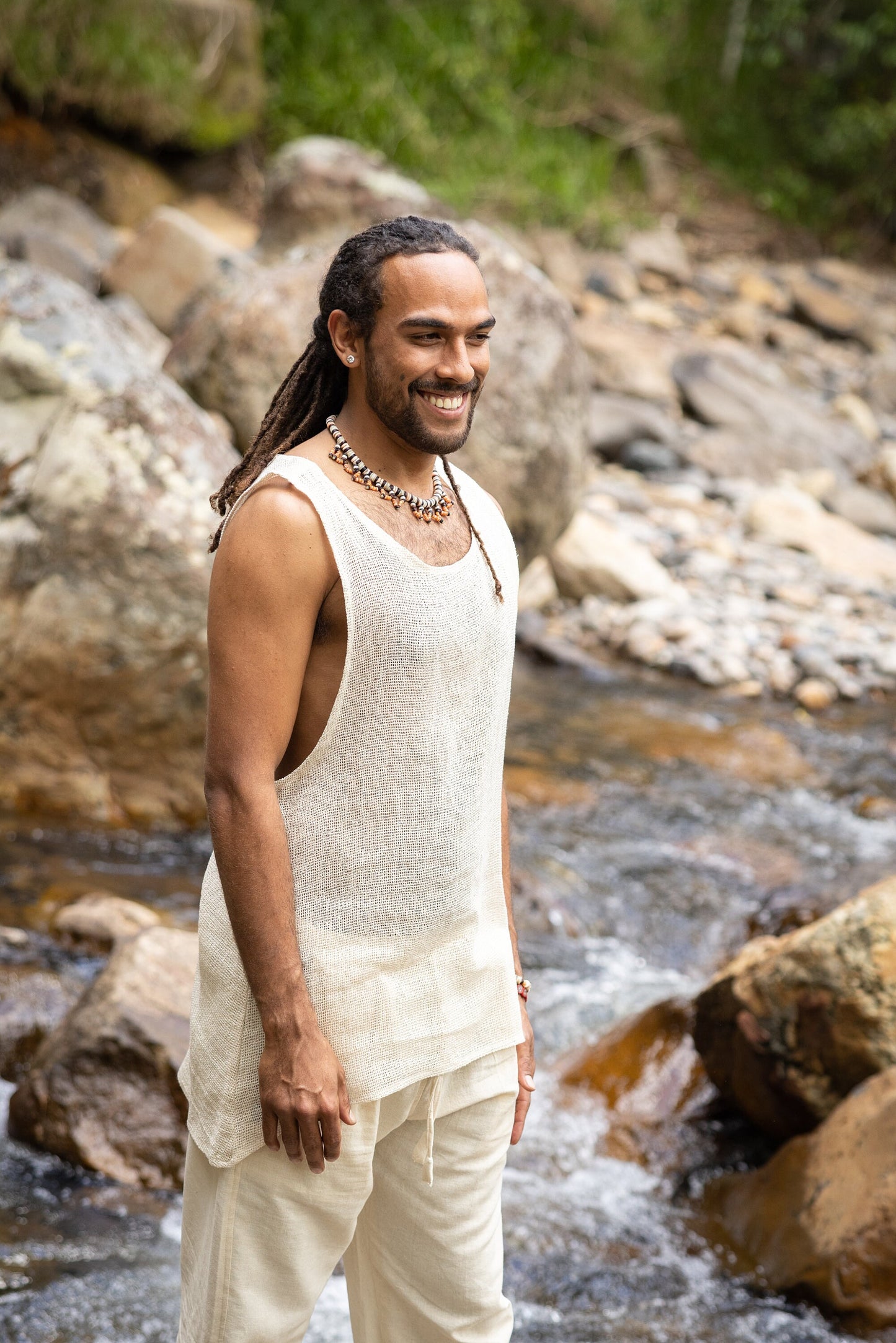 TAKU Mens Tank Top Beige Tribal Asymmetric Natural Netted Cotton Breathable Loose Free Flow Festival Plant Based Dyed Muscle Shirt AJJAYA