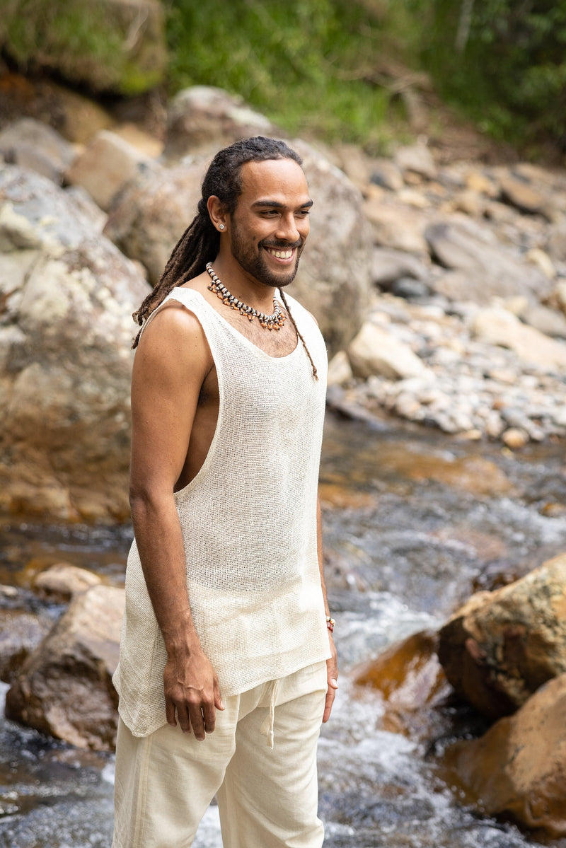 TAKU Mens Tank Top Beige Tribal Asymmetric Natural Netted Cotton Breathable Loose Free Flow Festival Plant Based Dyed Muscle Shirt AJJAYA