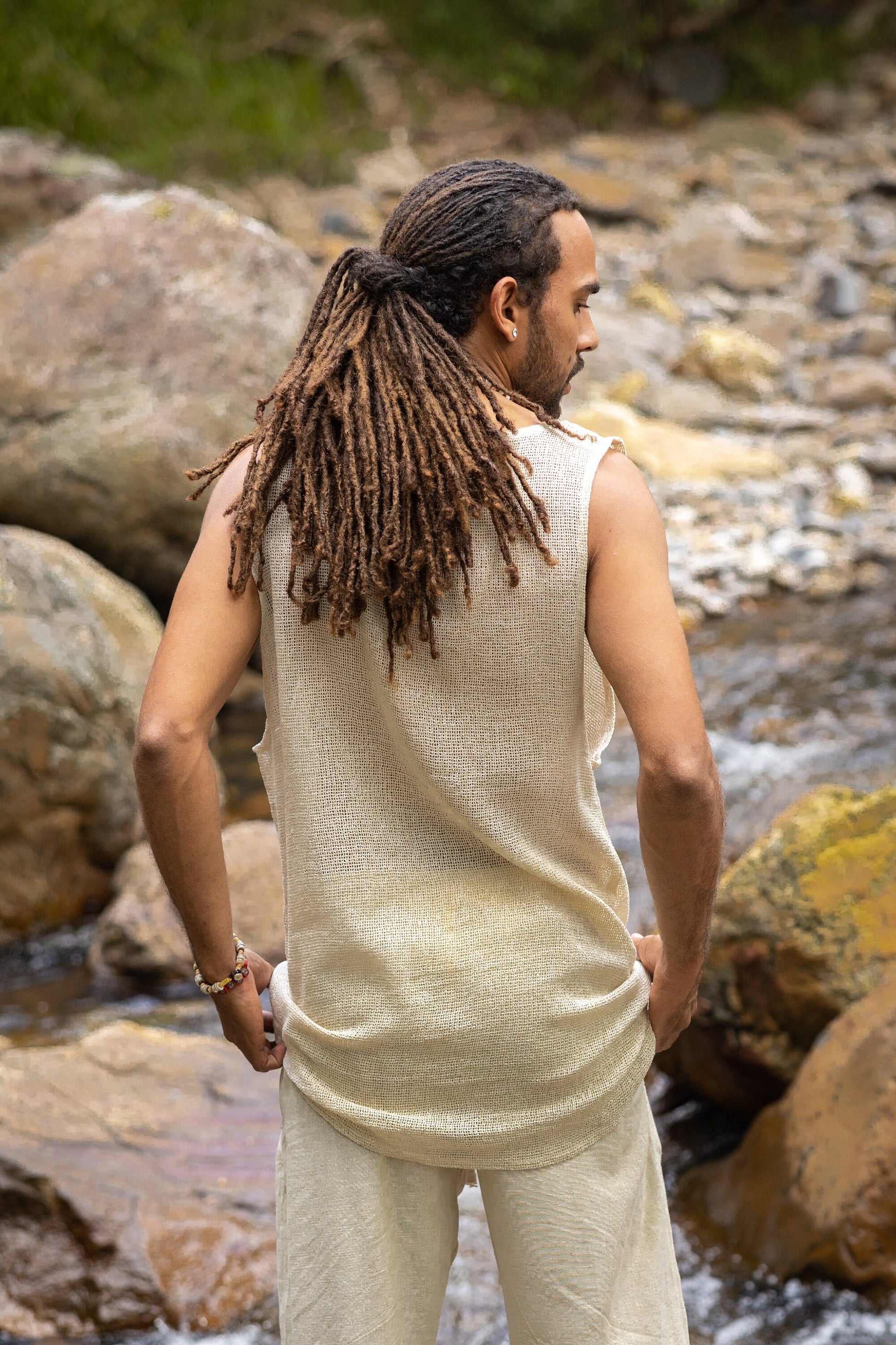 TAKU Mens Tank Top Beige Tribal Asymmetric Natural – AJJAYA