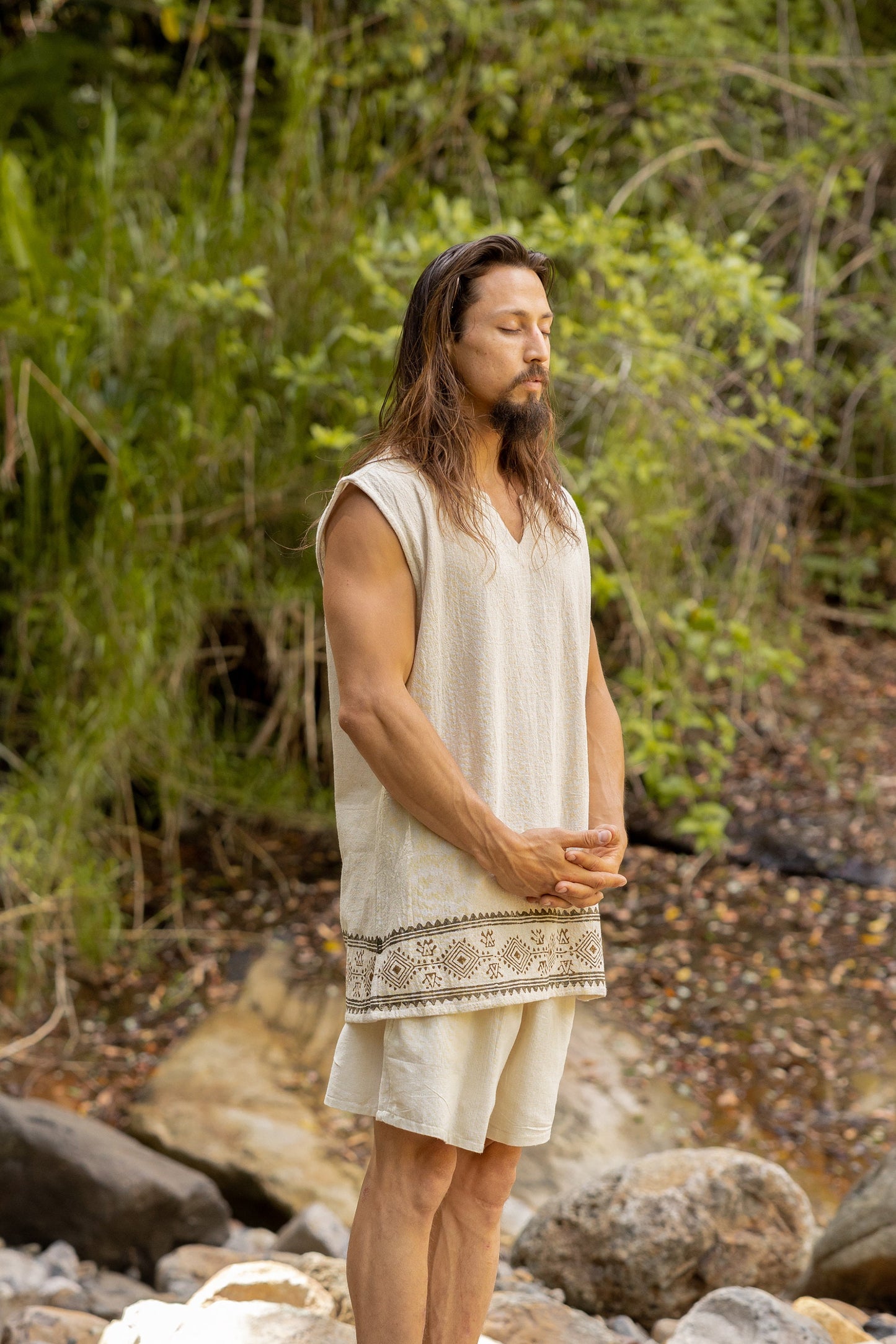 KULDI Mens Yoga Tank Top Beige Sleeveless Natural Cotton Handmade Block Printed Plant Eco Dye Festival Tribal Ceremony Ritual Earthy AJJAYA