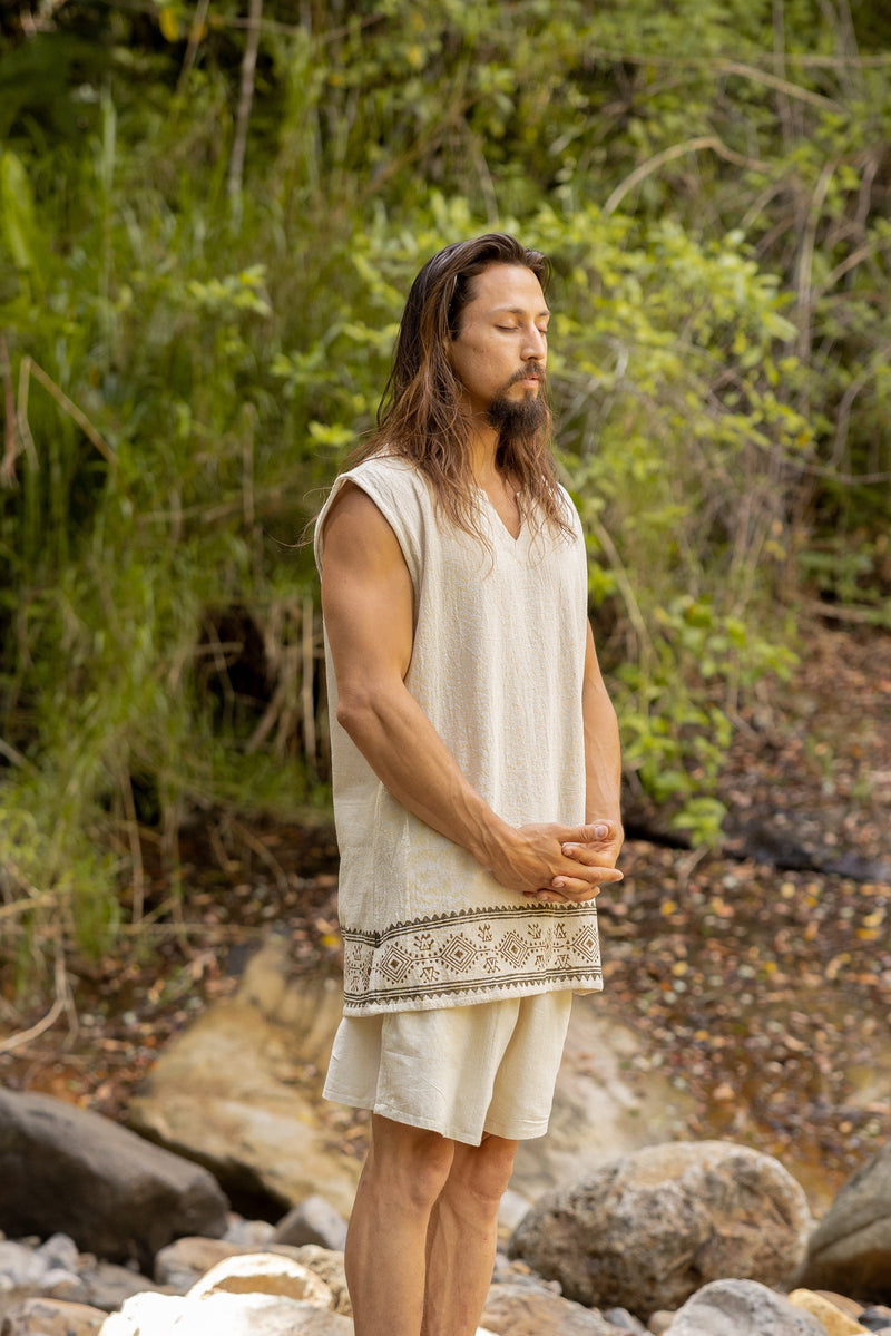 KULDI Mens Yoga Tank Top Beige Sleeveless Natural Cotton Handmade Block Printed Plant Eco Dye Festival Tribal Ceremony Ritual Earthy AJJAYA