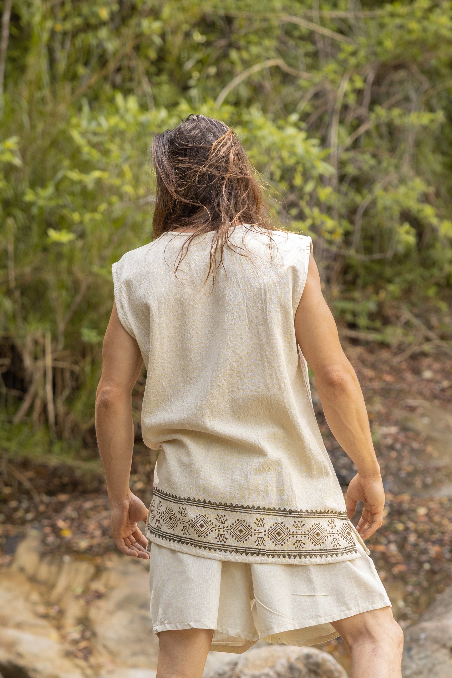 KULDI Mens Yoga Tank Top Beige Sleeveless Natural Cotton Handmade Block Printed Plant Eco Dye Festival Tribal Ceremony Ritual Earthy AJJAYA