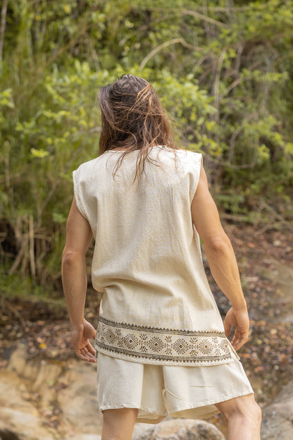 KULDI Mens Yoga Tank Top Beige Sleeveless Natural Cotton Handmade Block Printed Plant Eco Dye Festival Tribal Ceremony Ritual Earthy AJJAYA