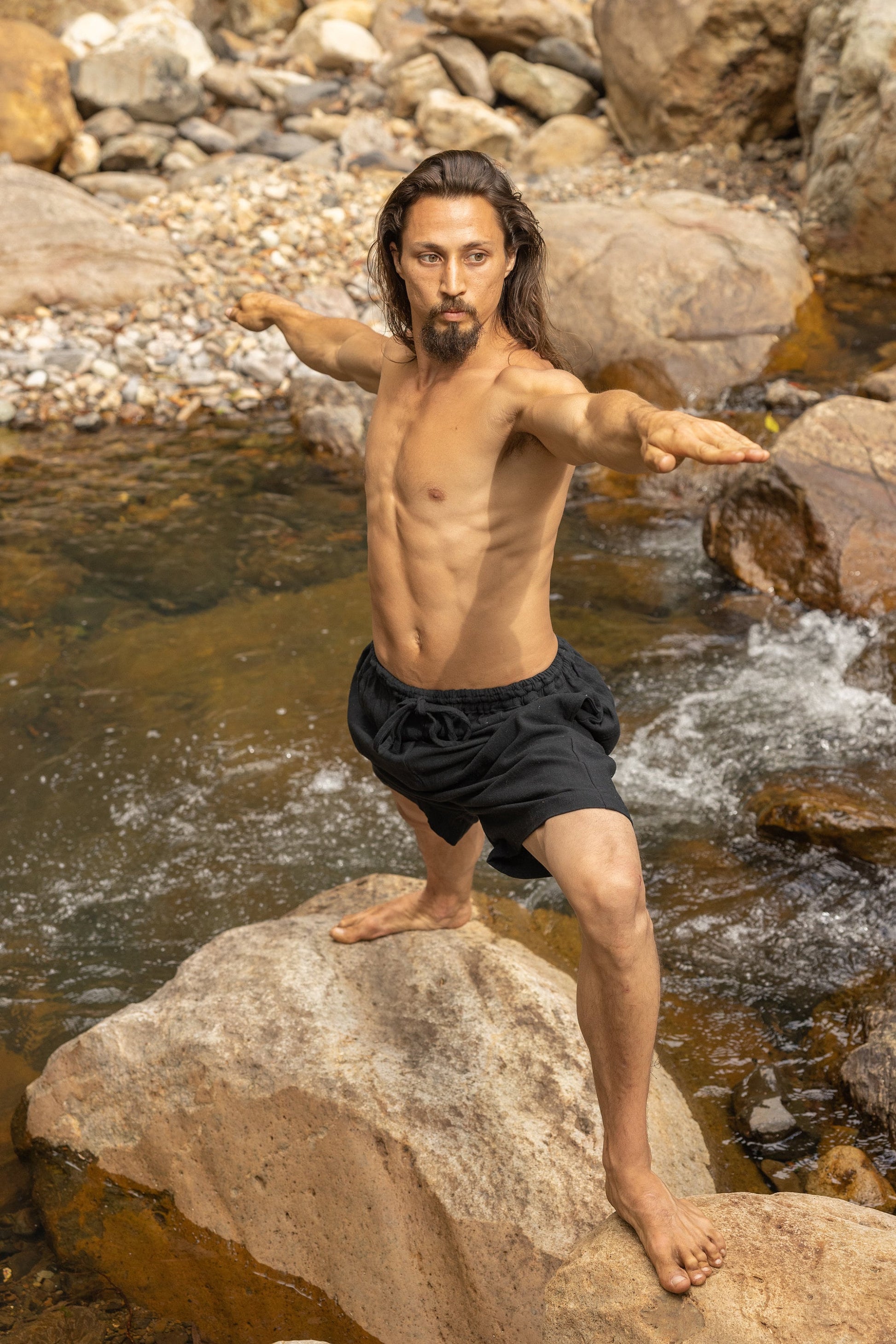 YUGINI Black Mens Short Yoga Pants Loose Comfortable Mens Shorts Pockets Natural Cotton Plant Dyed Workout Ninja Gypsy Festival Gym AJJAYA