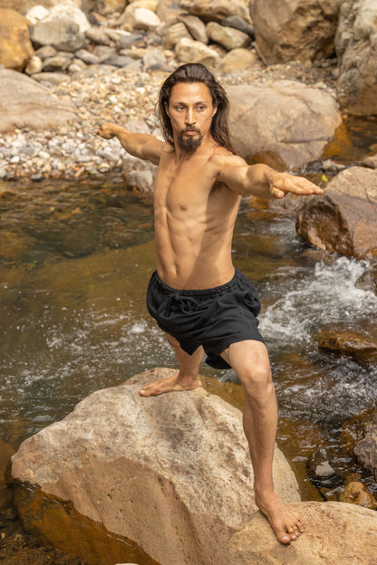 YUGINI Black Mens Short Yoga Pants Loose Comfortable Mens Shorts Pockets Natural Cotton Plant Dyed Workout Ninja Gypsy Festival Gym AJJAYA