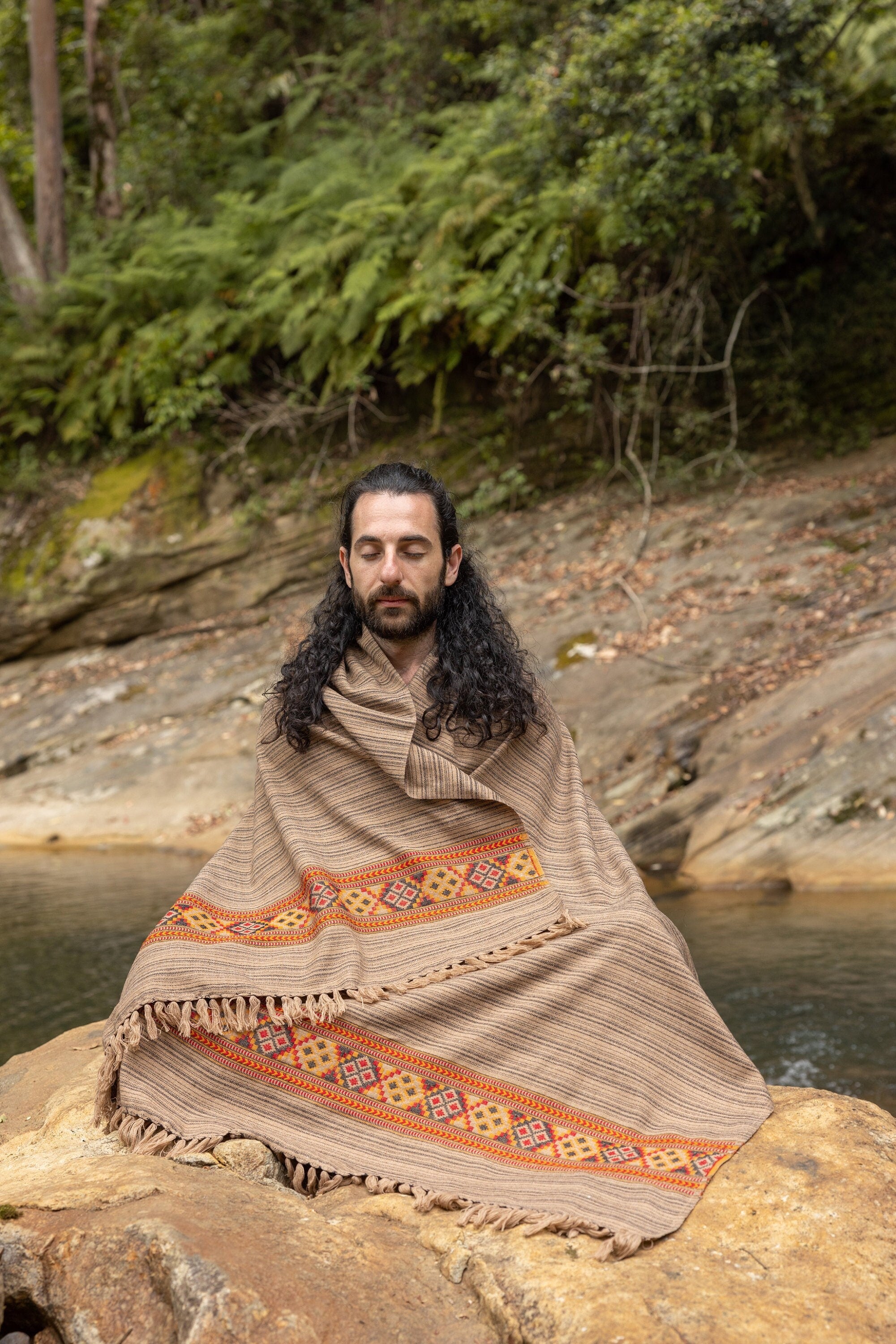 JHANA Shawl Meditation Prayer Mocca Brown Blanket Cosy Cashmere Yak Wool and Acrylic Wool Wrap Tibetan Tribal Celtic Embroidery Zen AJJAYA
