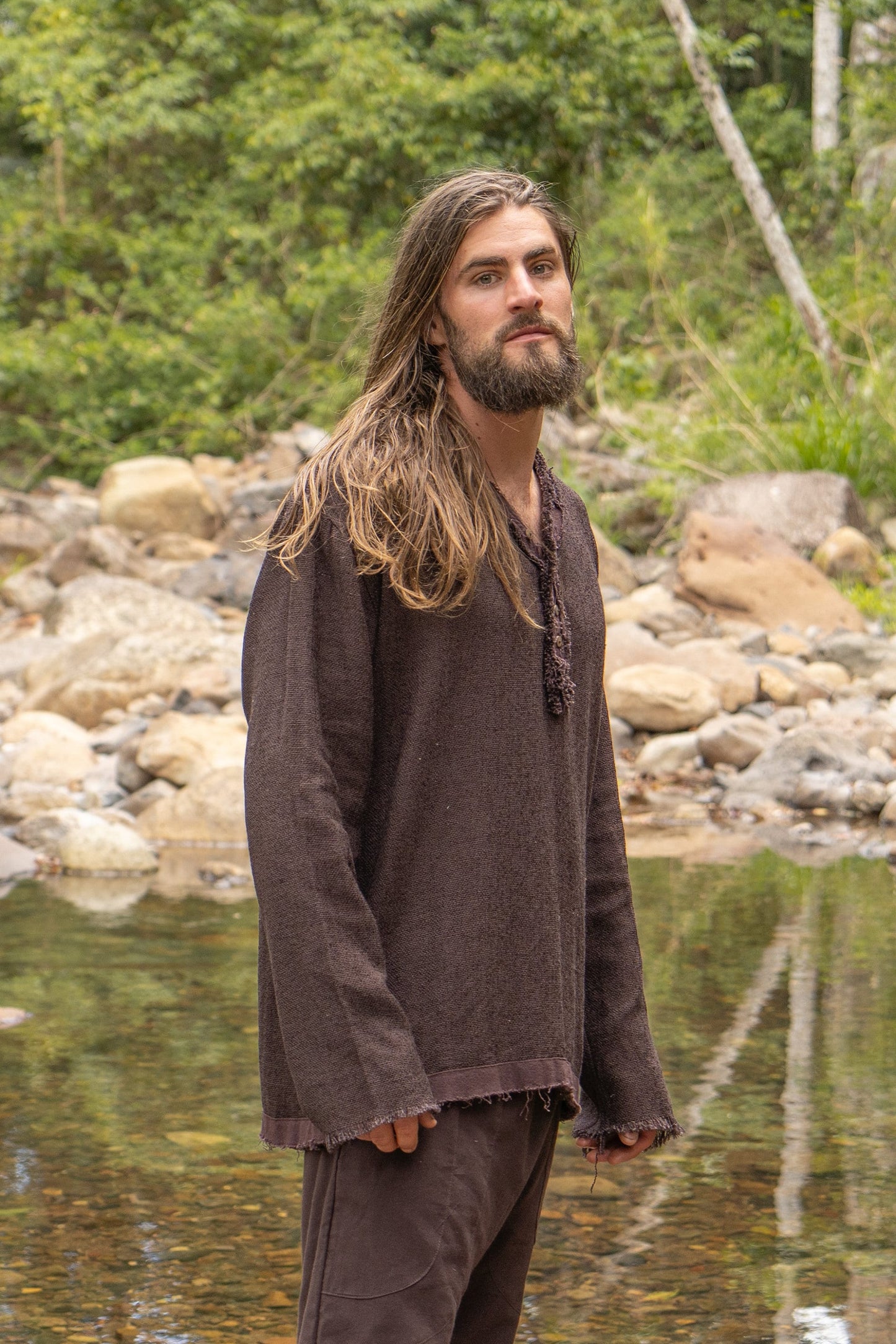 NEO Matrix Mens Brown Long Sleeve Top Handmade Apocalyptic Shirt Gypsy Earthy Rugged Tribal Nomadic Ethnic Festival Rave Primitive AJJAYA