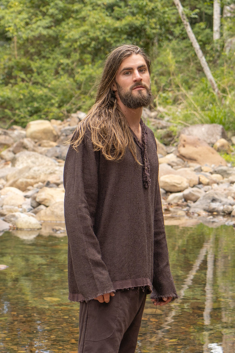 NEO Matrix Mens Brown Long Sleeve Top Handmade Apocalyptic Shirt Gypsy Earthy Rugged Tribal Nomadic Ethnic Festival Rave Primitive AJJAYA